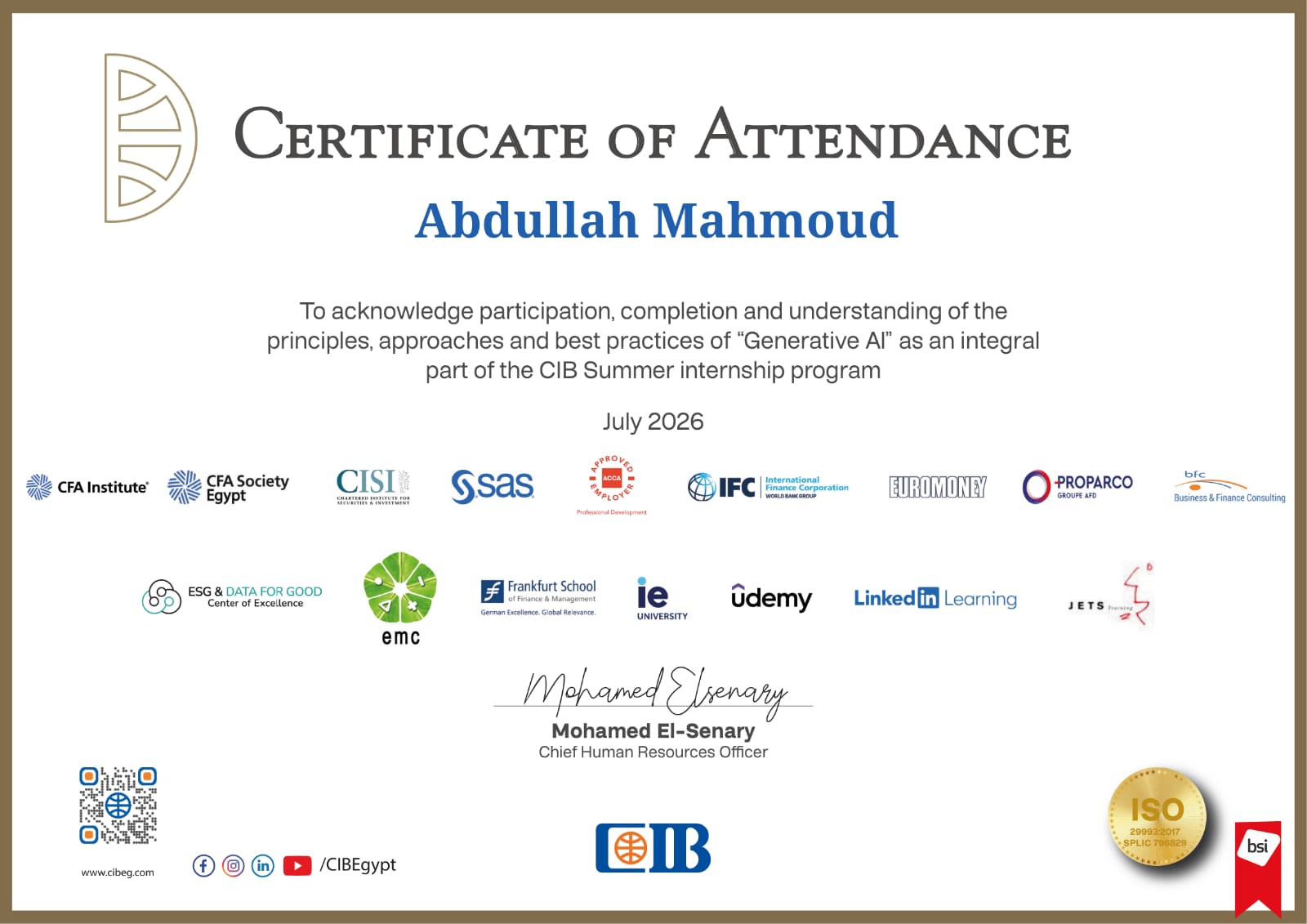 CIB Internship Certificate